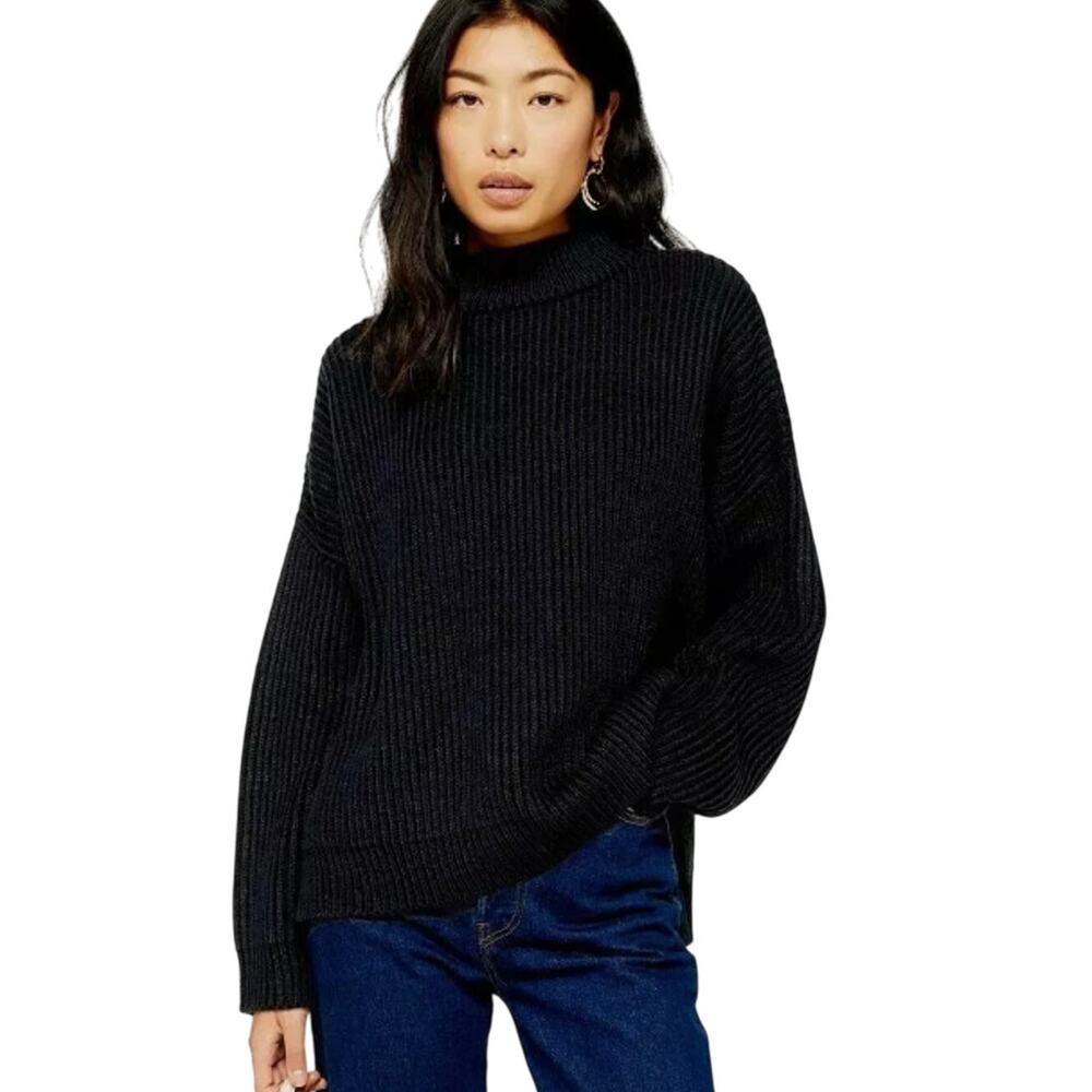 TOPSHOP Oversize Rib Knit Mock Neck Sweater Pullover Navy SMALL 4-6 HighLow